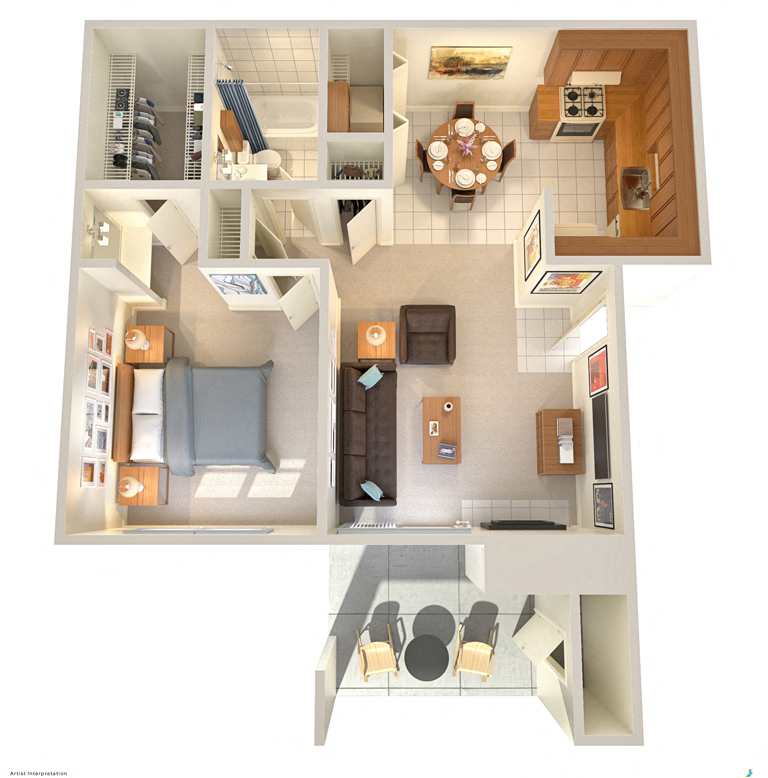 Floor plan for 1 bed, 1 bath, 656 sqft